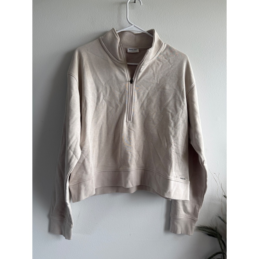 Tommy John Women Silver Gray French Terry Quarter Zip Cropped Sweatshirt L NEW